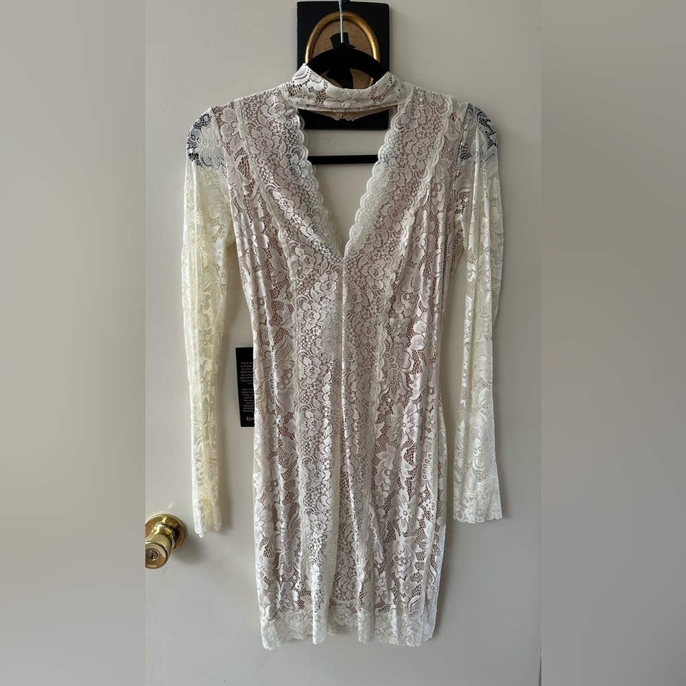Bebe NWT white lace bodycon dress with nude slip